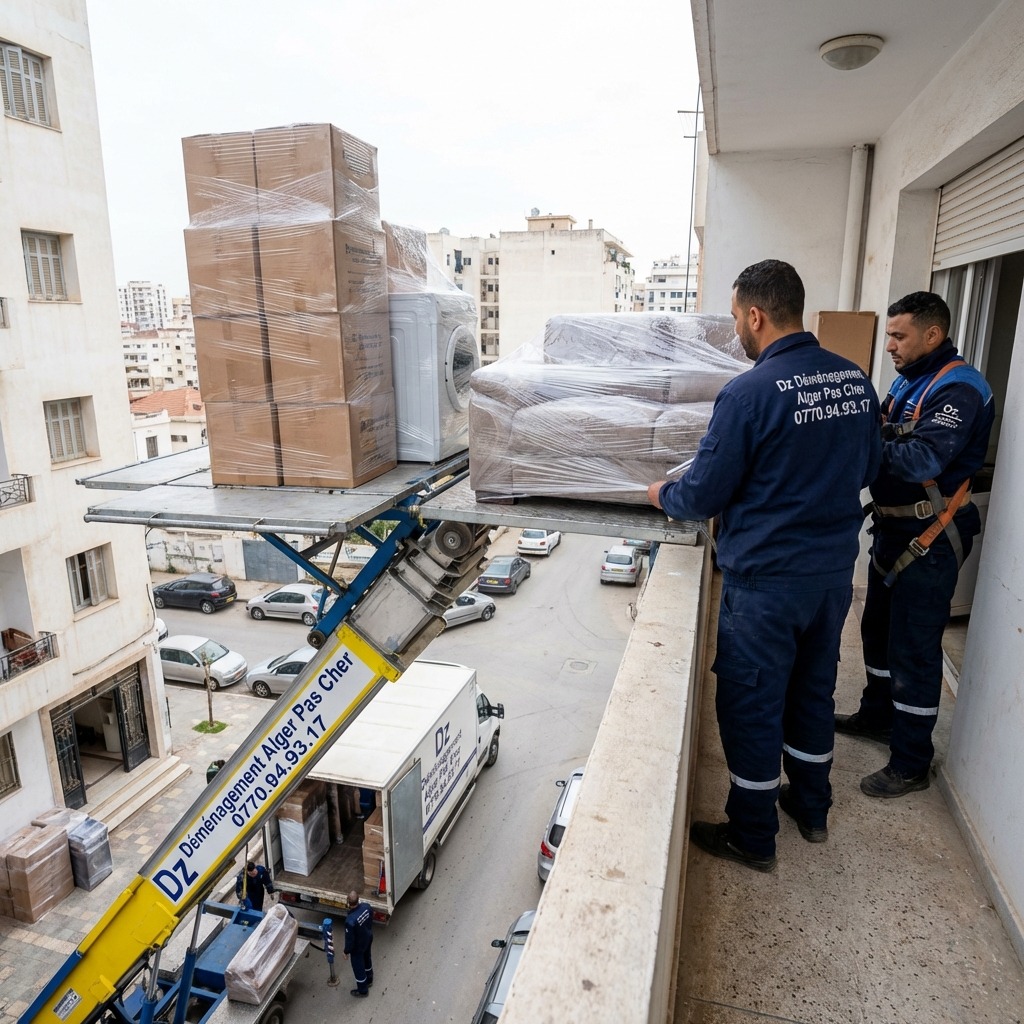 Monte-meubles Dz Déménagement en action sur balcon d'immeuble