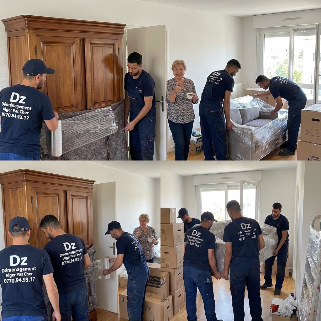 Équipe Dz Déménagement emballant un mobilier en bois